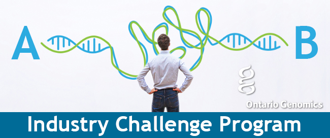 Industry challenge program banner, a man standing with his hands on his hips and looking at a whiteboard that has DNA drawn on it